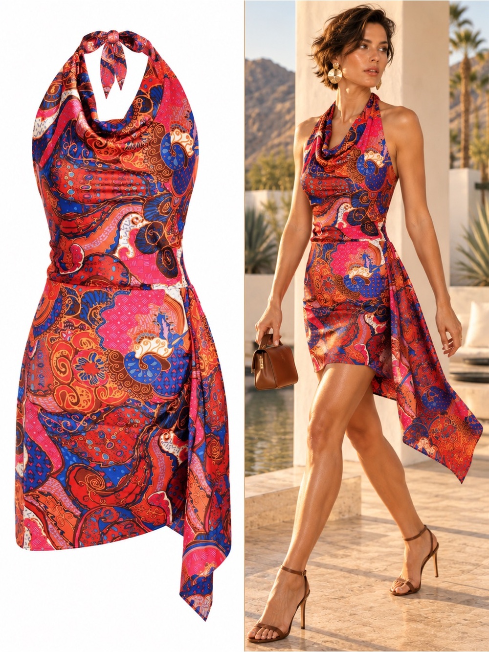 House of Harlow 1960 Paisley Cowl Neck Halter Open Back Mini Dress Size 4
